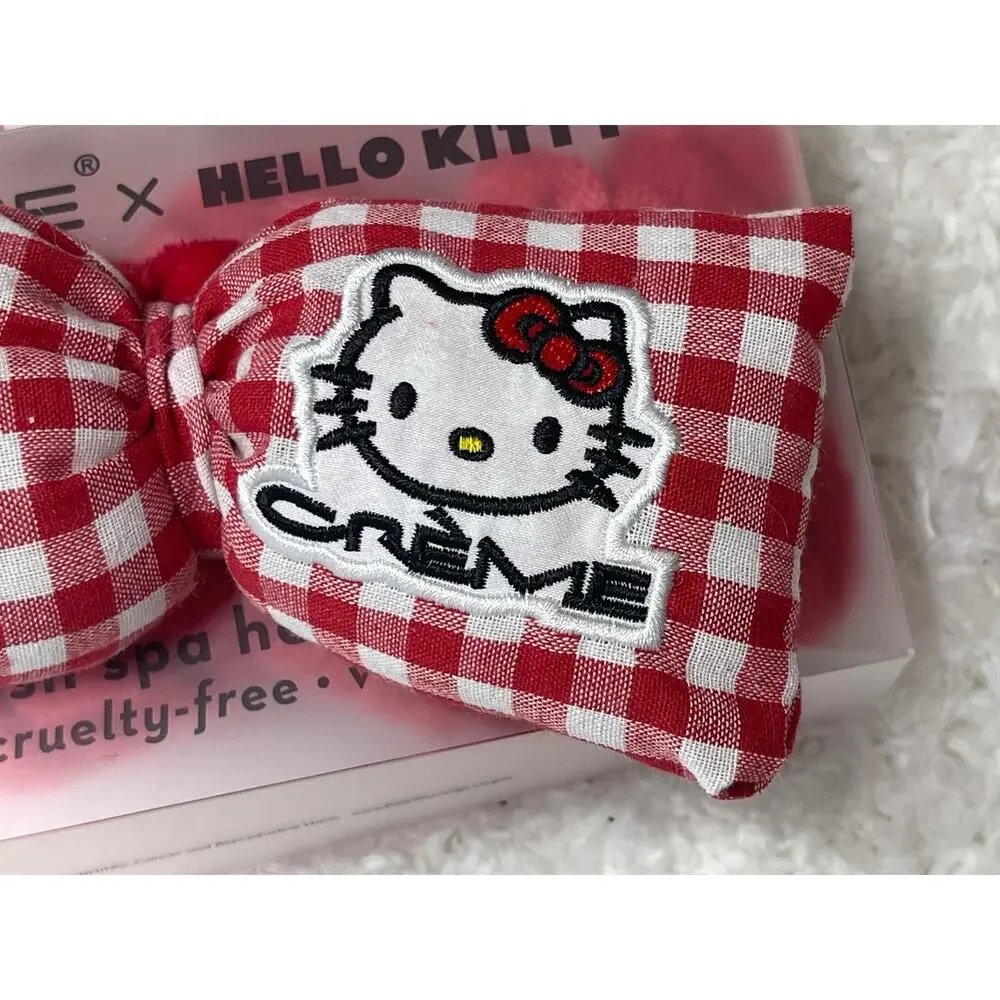 The Creme Shop Hello Kitty Red White Gingham Plush Spa Headband Bow Hairband NEW